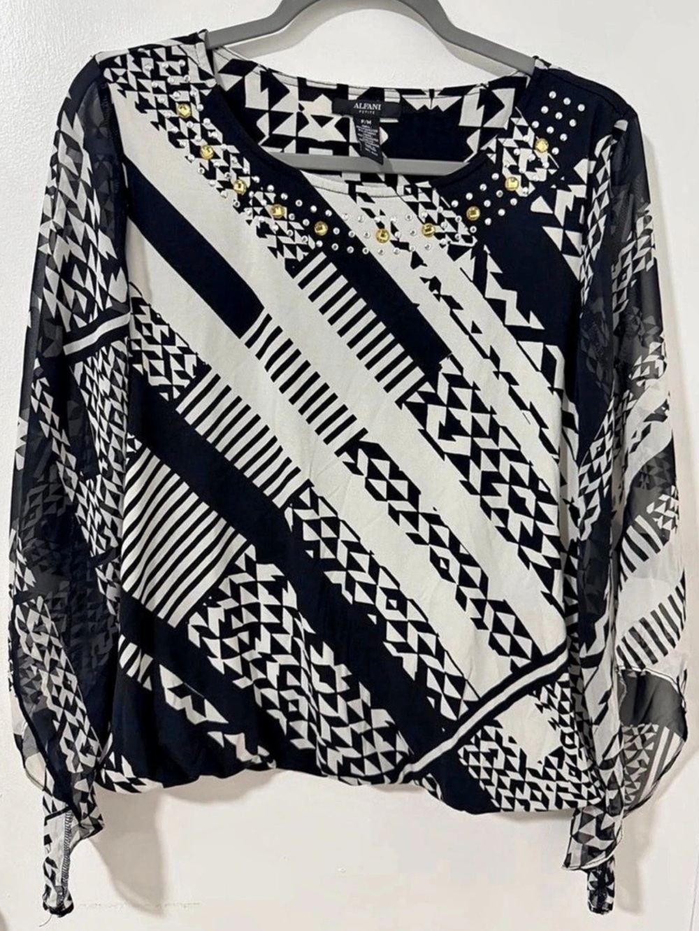 Alfani Petite Geometric Embellished Blouse in Black & White Size P/M